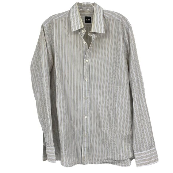 Boss Blue & Beige Striped Button-Up Shirt | V-Neck, Long Sleeve - Picture 1 of 6